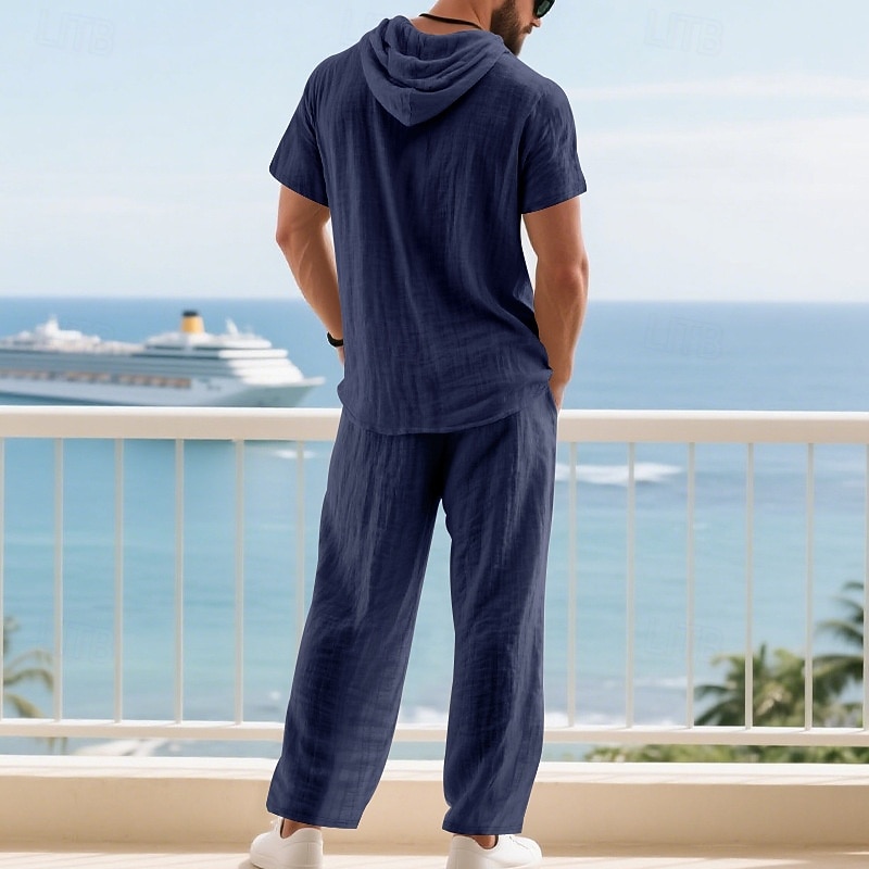 Men's T-shirt Suits Shirt and Pant Sets 2 Pieces Outfits Short Sleeve Hooded Summer Spring Plain Fashion Casual Drawstring 2 Piece Buttons Vacation Daily Wear Going out Black White Yellow Top Tee for4