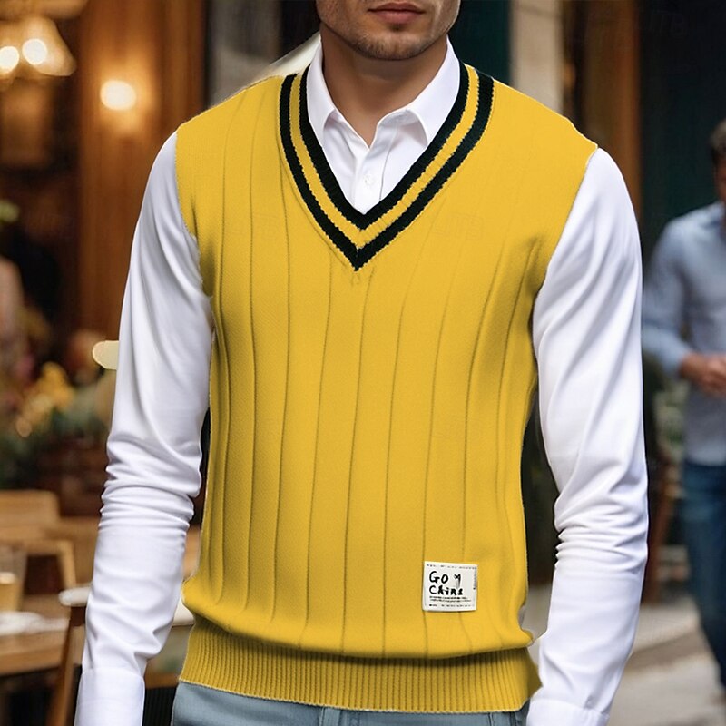 Men's Sweater Vest Dress Sweater Pullover Sweater Jumper Vest Knit Sweater Ribbed Knit Regular Tops Knitted Plain V Neck Fashion Casual Vacation Daily Wear Clothing Apparel Fall Winter Black White S