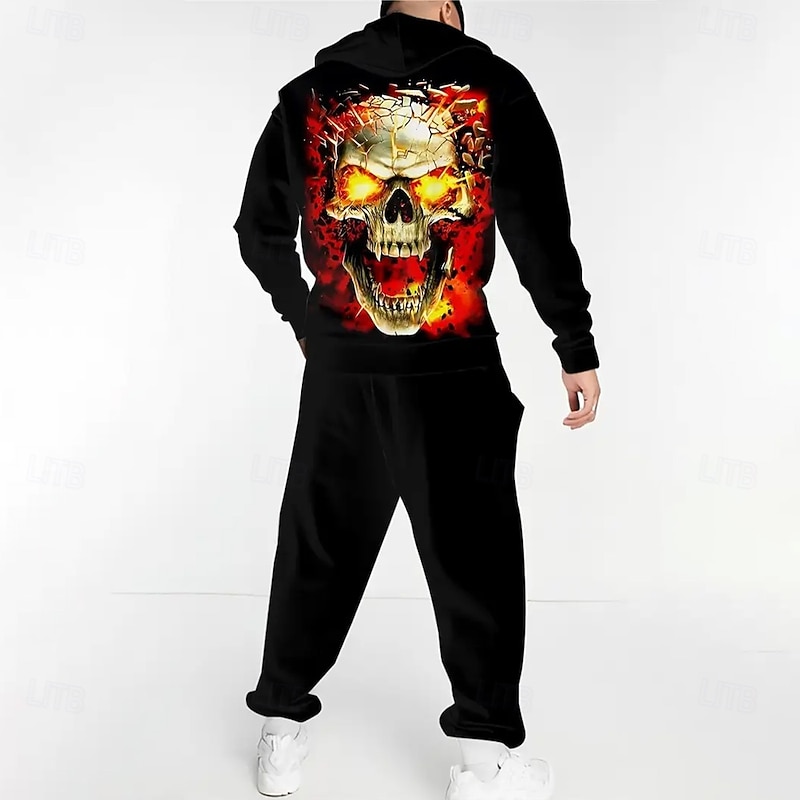 Halloween Men's Skulls 2pcs 3D Sweatshirt Sets Tracksuit Hoodie Sweatshirt Long Sleeve Long pants Hooded Casual Daily Athleisure 3D Print Spring Fall Winter Black3