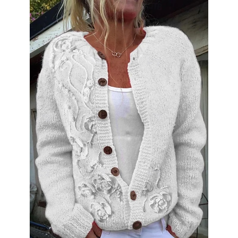 Women's Cardigan Vacation Daily Floral Ribbed Crew Neck Buttons Print Long Sleeve Regular Tops Knit Outdoor Daily Holiday White Blue Fall Winter2