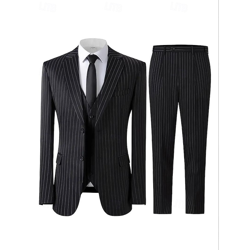 Men's Casual Semi Formal Business Suits Notch Lapel Black Formal Striped Tailored Fit 3 Piece Single Breasted Two-buttons3
