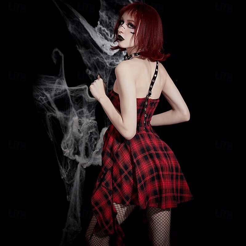 Punk & Gothic Mini Dress Goth Girl Asymmetric Hem Plaid Fancy Dress Women's Halloween Carnival Performance Party Adults Dress3