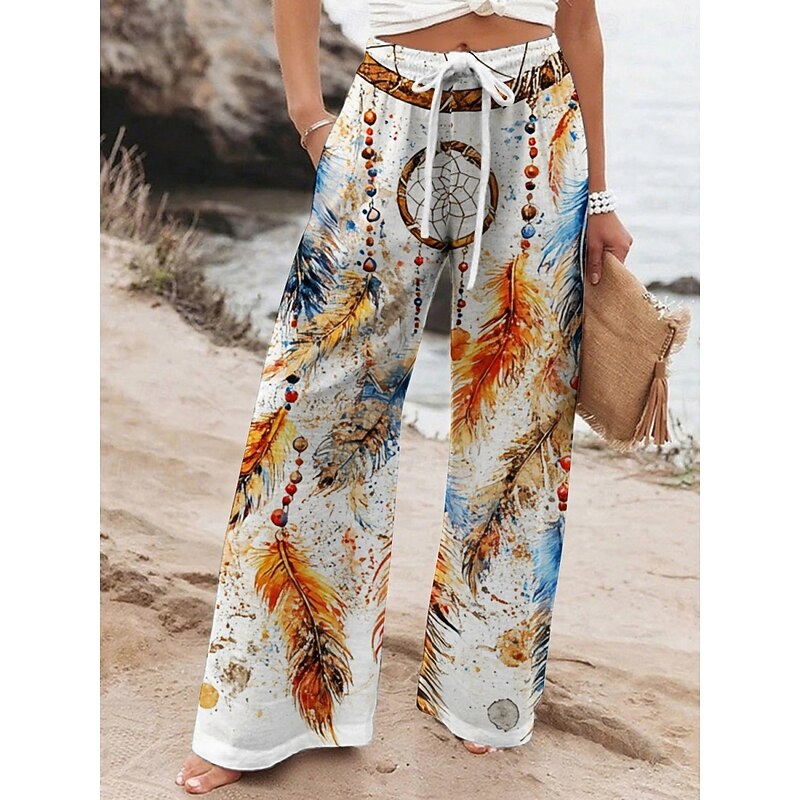 Women's Wide Leg Pants Trousers Vacation Casual Long High Waist Floral Feather Elastic Waist Printing High Cut Breathability Soft Micro-elastic Vacation Street Daily Wear White Green Spring Fall3