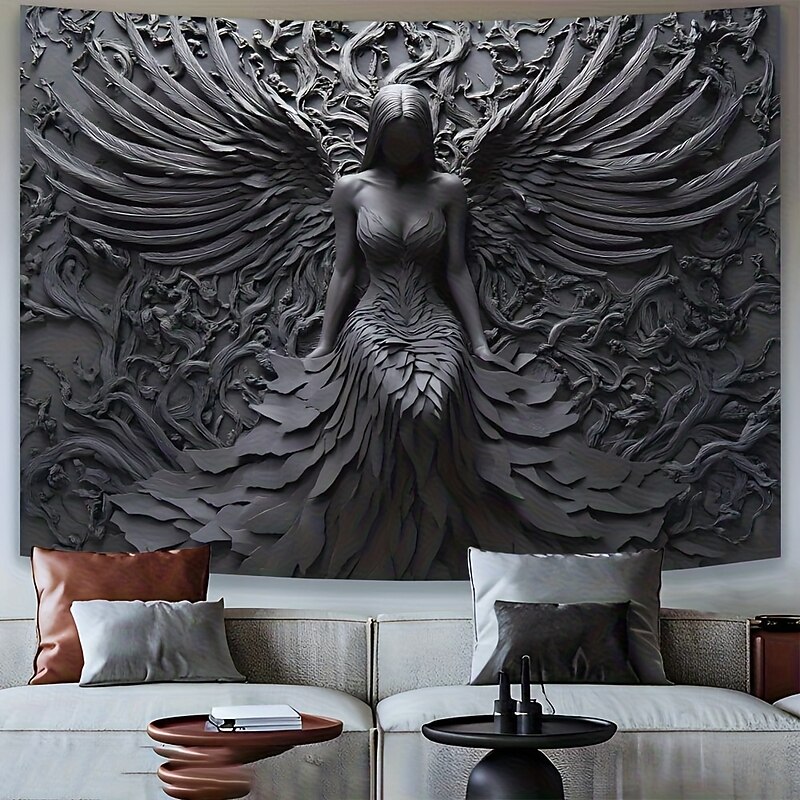 Halloween Gothic Angel Wall Tapestry – 3D Black Sculpture of Fallen Winged Woman, Dark Fantasy Horror Wall Hanging for Haunted House Living Room Bedroom Decor