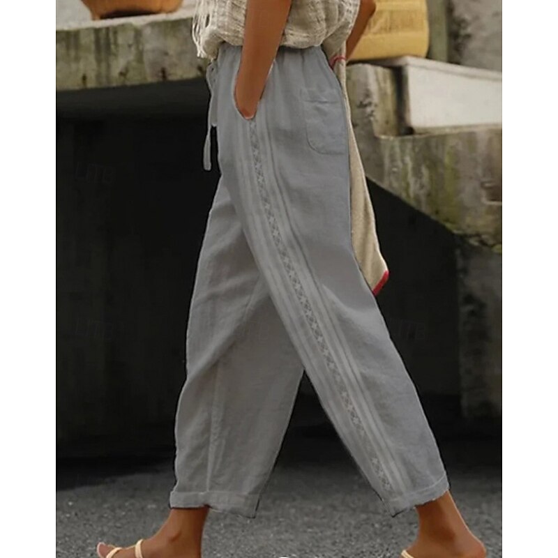 Women's Cotton Linen Pants Slacks Streetwear Casual Full Length Natural Plain Pocket Elastic Drawstring Design Comfortable Street Holiday Daily Wear Light Sky Blue Grey Black White Fall Regular Fit4