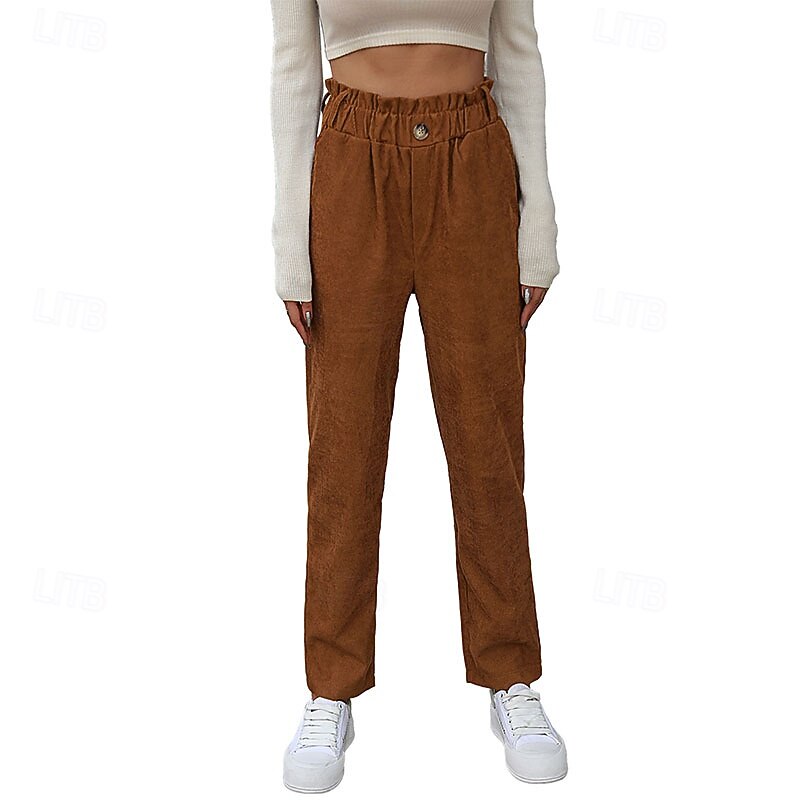 Women's Slacks Straight Streetwear Casual Full Length Natural Plain Pocket Elastic Waist Comfortable Outdoor Vacation Going out Camel Fall Regular Fit4