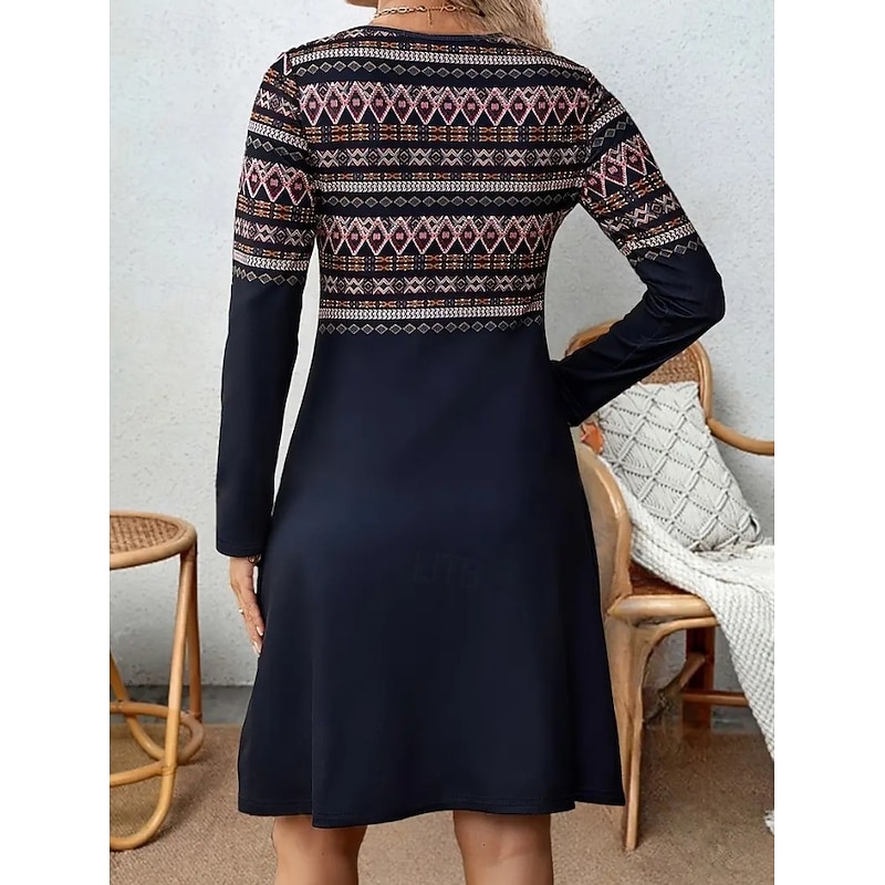 Women's Mini Dress T Shirt Dress Tee Dress Shift Dress Summer Dress Vacation Casual Party Daily Regular Fit Graphic Geometric Long Sleeve Crew Neck Dark Blue Spring Fall Winter4