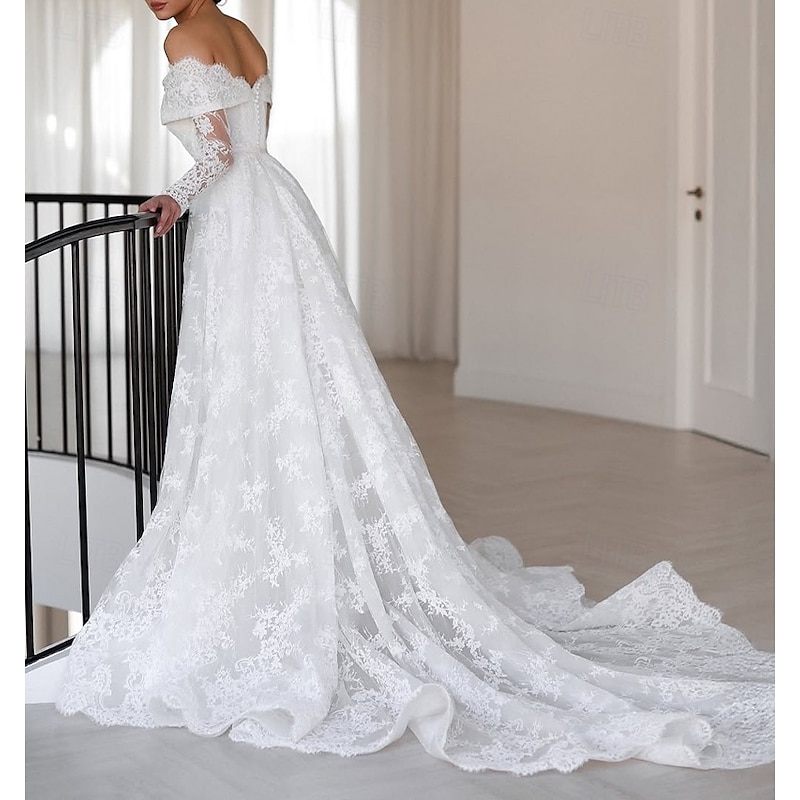 Floral Chantilly Lace Applique Beach Wedding Dress Elegant Off Shoulder Boho Wedding Dresses A-Line Long Sleeve Chapel Train Bridal Gowns Scalloped Hems with Satin Belt 20254