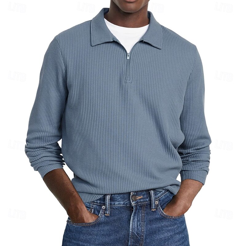 Men's Waffle Polo Shirts Street Casual Zip Lapel Long Sleeve Basic Modern Plain Textured Buttons Spring Fall Black White Red Navy Blue Purple Brown Waffle Polo Shirts2
