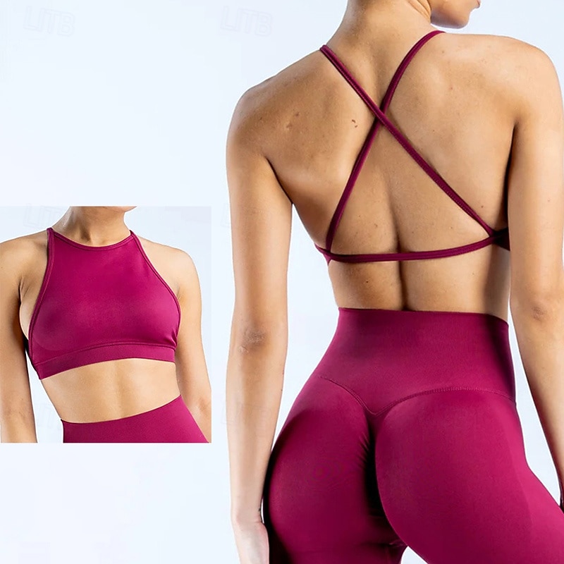 Women's Workout Tank Tops Sports Bra Underwear Medium Support Breathable Criss-Cross Back Solid Color Sport Activewear Light Blue Wine Red Gym Workout Athletic