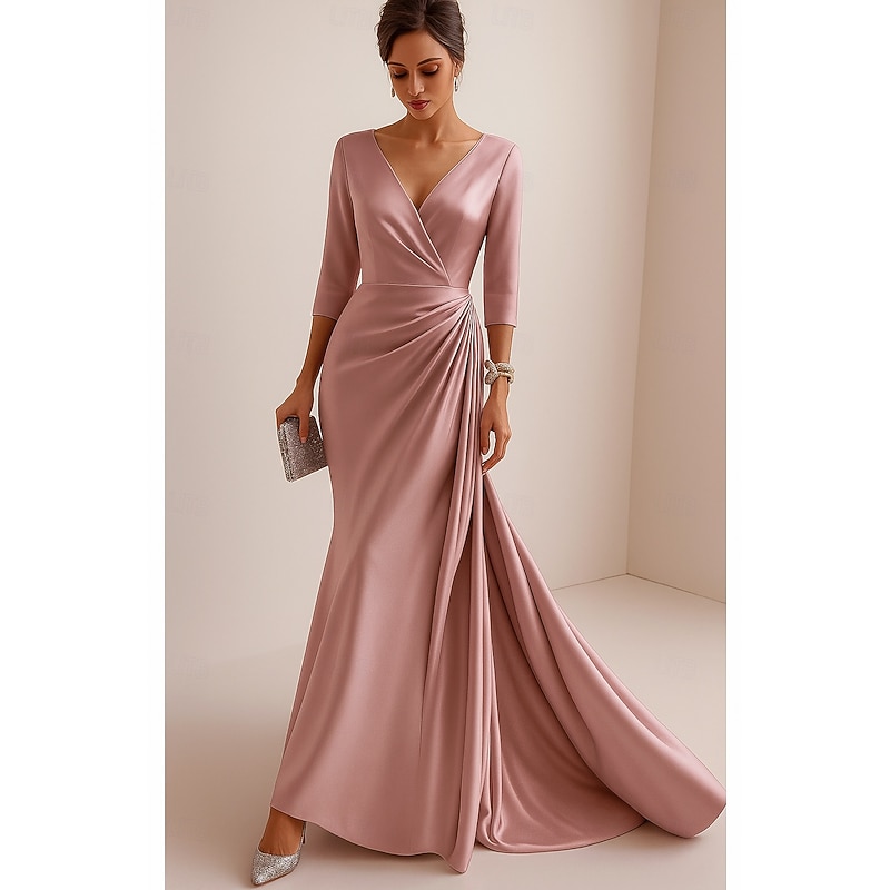 Red Black Mermaid / Trumpet Evening Gown Elegant Dress Formal Wedding Floor Length 3/4 Length Sleeve V Neck Stretch Satin with Ruffles 20253