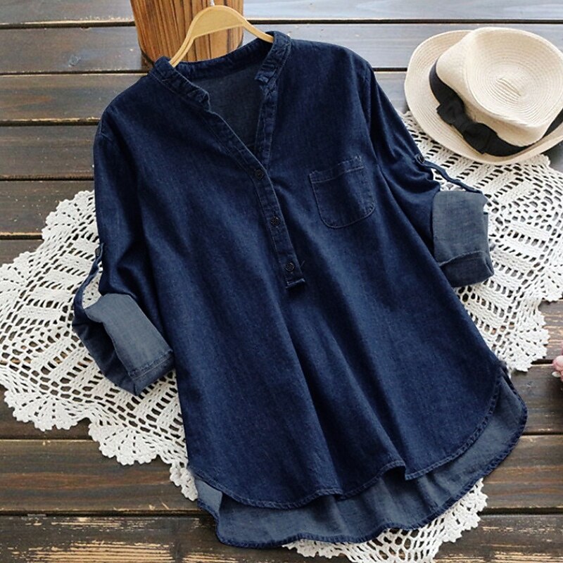 Women's Shirt Blouse Plain Modern Casual Long Sleeve V Neck Regular Tops Daily Going out Pocket Navy Blue Light Blue Fall4