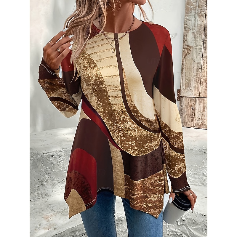 Women's T Shirt Graphic Geometric Vintage Stylish Casual Long Sleeve Crew Neck Regular Tops Daily Print Asymmetrical Red Purple Brown Green Khaki Summer Spring Fall