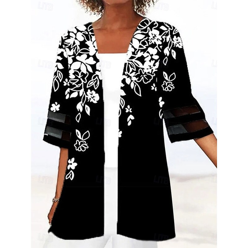 Women's Casual Jacket Breathable Comfortable Patchwork Print Casual Floral Vacation Street Daily Wear Going out Open Front Regular Collarless Regular Fit 3/4 Length Sleeve Outerwear Black Green Dark2