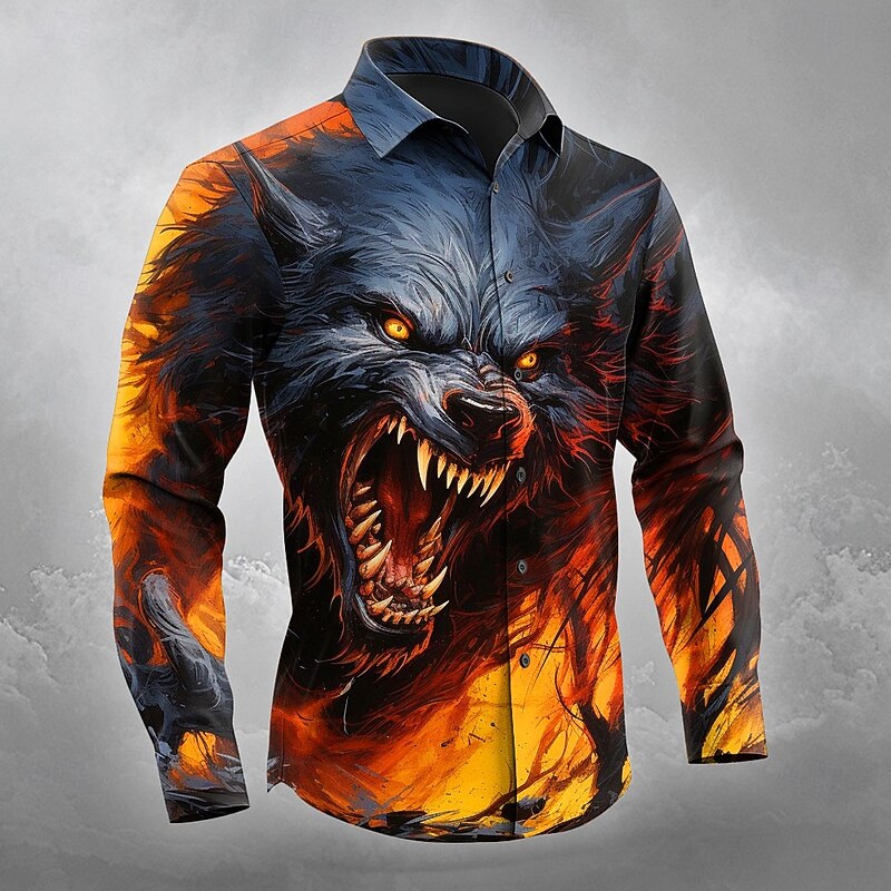 Halloween Men's Wolf Halloween Costumes Shirt Button Up Shirt Long Sleeve Dark Gothic Style Outdoor Holiday Spring Fall Turndown 3D Print Collared Shirts Orange yellow Blue Orange Dark Blue3