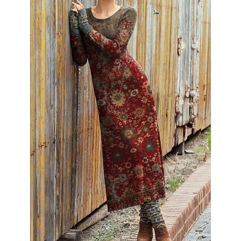 Women's Midi Dress Sheath Dress T Shirt Dress Tee Dress Casual Daily Holiday Regular Fit Graphic Geometric Long Sleeve Crew Neck Red Blue Green Peacock Blue Fall3