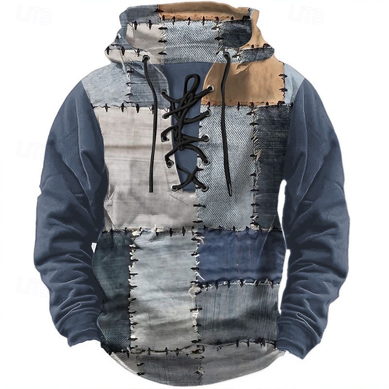 Men's Patchwork Hoodies Fashion Daily Long Sleeve Hooded Black Blue Drawstring Fall Winter Designer
