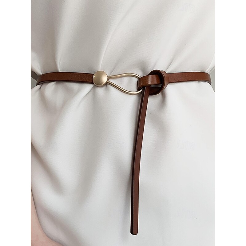 Women's Skinny PU Leather Wrap Belt – Adjustable Gold-Tone Ring & Ball Buckle Waist Cincher, Minimalist Style for Dresses, Blazers & Coats, Perfect for Work, Date Night & Party Outfit3