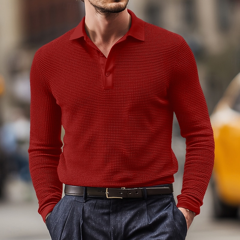 Men's Waffle Polo Shirts Golf Shirt Street Casual Lapel Long Sleeve Basic Modern Plain Textured Buttons Spring Fall All Seasons Regular Fit White Black Yellow Red Blue Gray Waffle Polo Shirts
