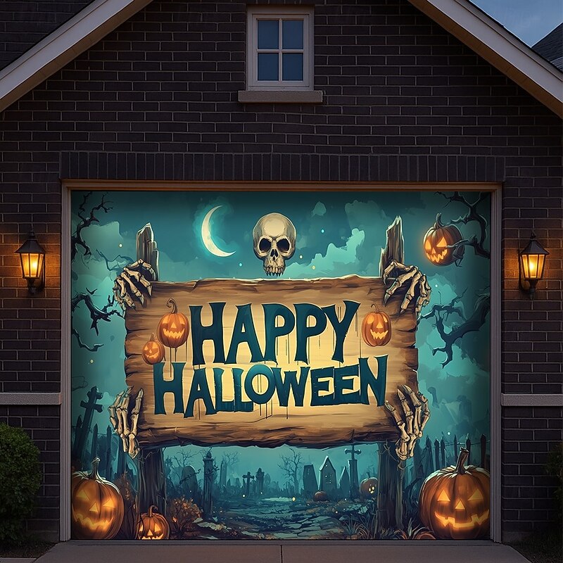 Halloween  Outdoor Garage Door Cover Skeletons Banner Large Tapestry Backdrop Decoration for Holiday Outdoor Garage Door Home Wall Decorations3