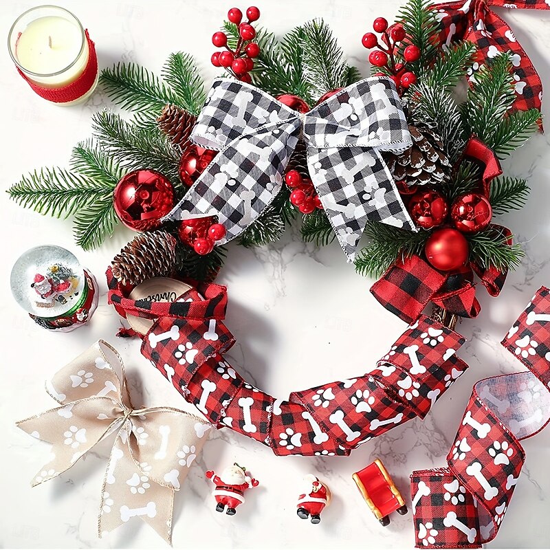3 Roll Christmas Plaid Dog Bone and Paw Print Ribbon,Pet Ribbon, Black and White Bow Wreath Decorations, 5 Yards Christmas Pet Craft Supplies, Holiday DIY Accessories4