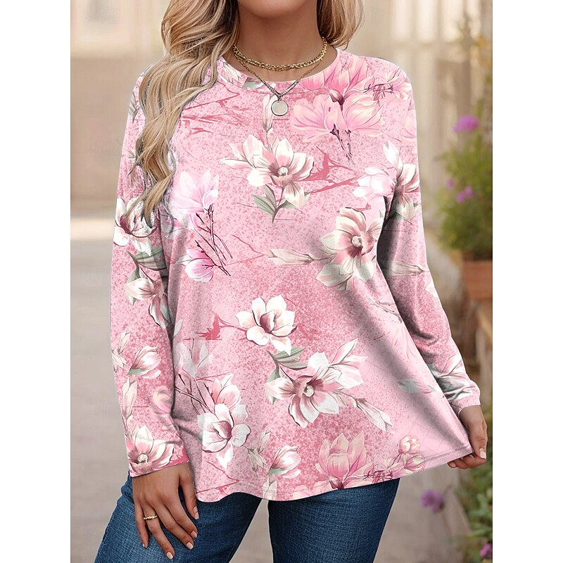Women's Plus Size Tops T Shirt Floral Graphic Print Long Sleeve Crew Neck Casual Daily Polyester Fall Winter Pink Blue