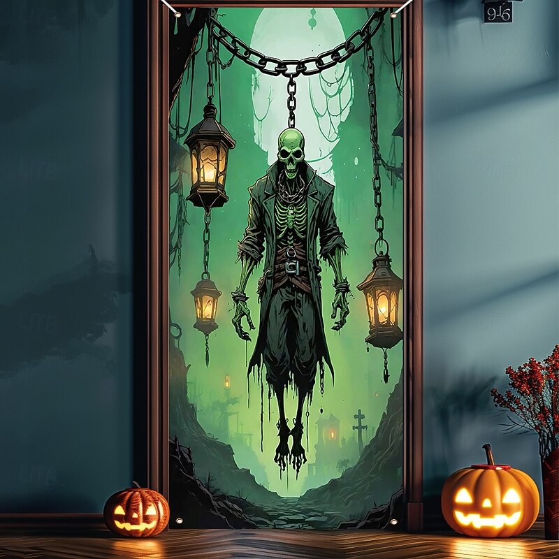 Halloween Door Cover Outdoor Banners Skeleton Pumpkin Psychedelic Dark Punk Gothic Style Party Outdoor Shooting Backgrounds Front Door Wall Porch Home Decor3