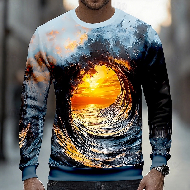 Men's Optical Illusion 3D Sweatshirt Casual Long Sleeve Crew Neck Vacation Party Gift Blue Dark Blue Crewneck 3D All Seasons Designer
