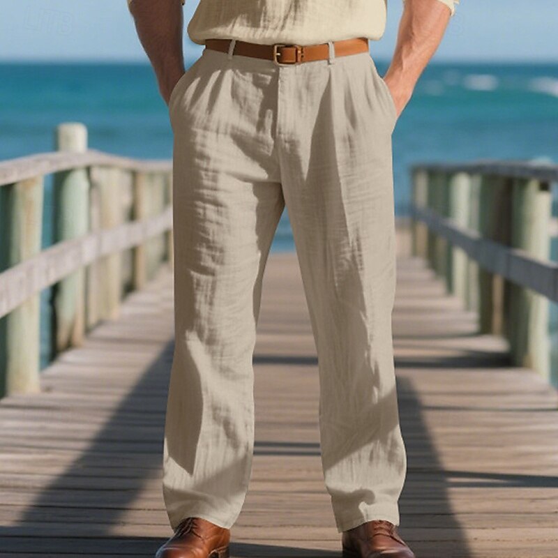 Men's Linen Pants Trousers Summer Pants Elastic Waist Straight Leg Plain Comfort Breathable Full Length Outdoor Casual Daily Fashion Classic Style Black White Inelastic3
