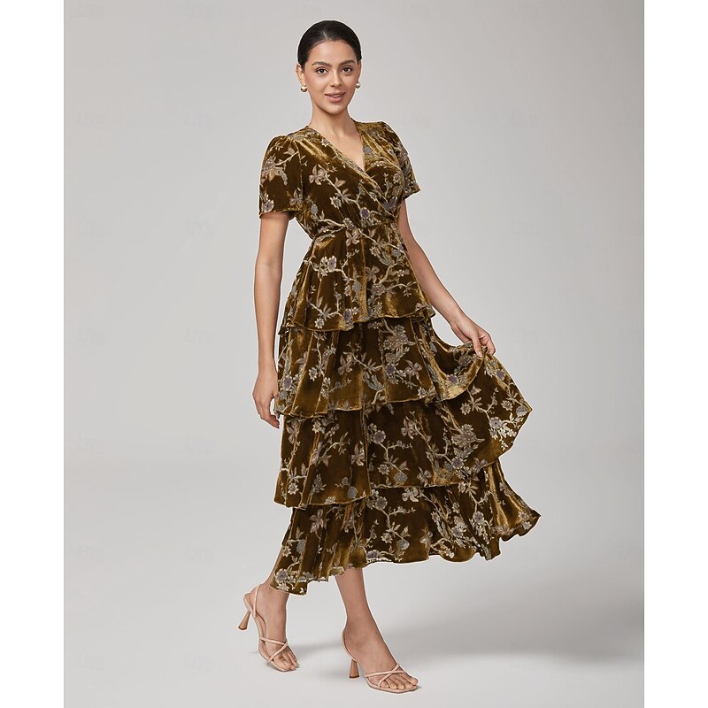 Women's Female Casual Dress Long Dress Maxi Dress Brown Short Sleeve Floral Fall Cross-Seasons V Neck Vintage XS S M2