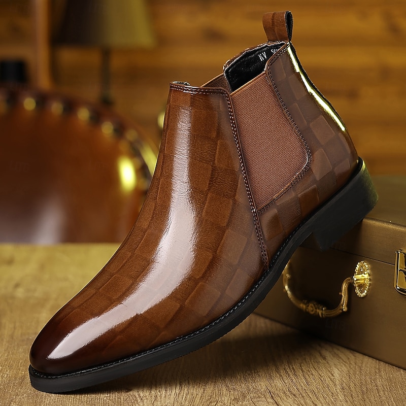 Men's Brown Crocodile Embossed  Chelsea Boots – Elegant Slip-On Dress Shoes for Office, Dinner Parties and Formal Occasions2