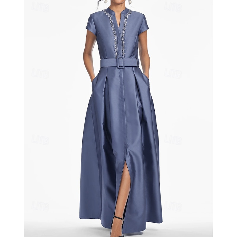 A-Line Evening Gown Elegant Dress Formal Wedding Floor Length Short Sleeve Shirt Collar Satin with Pleats Crystals Side Pockets3