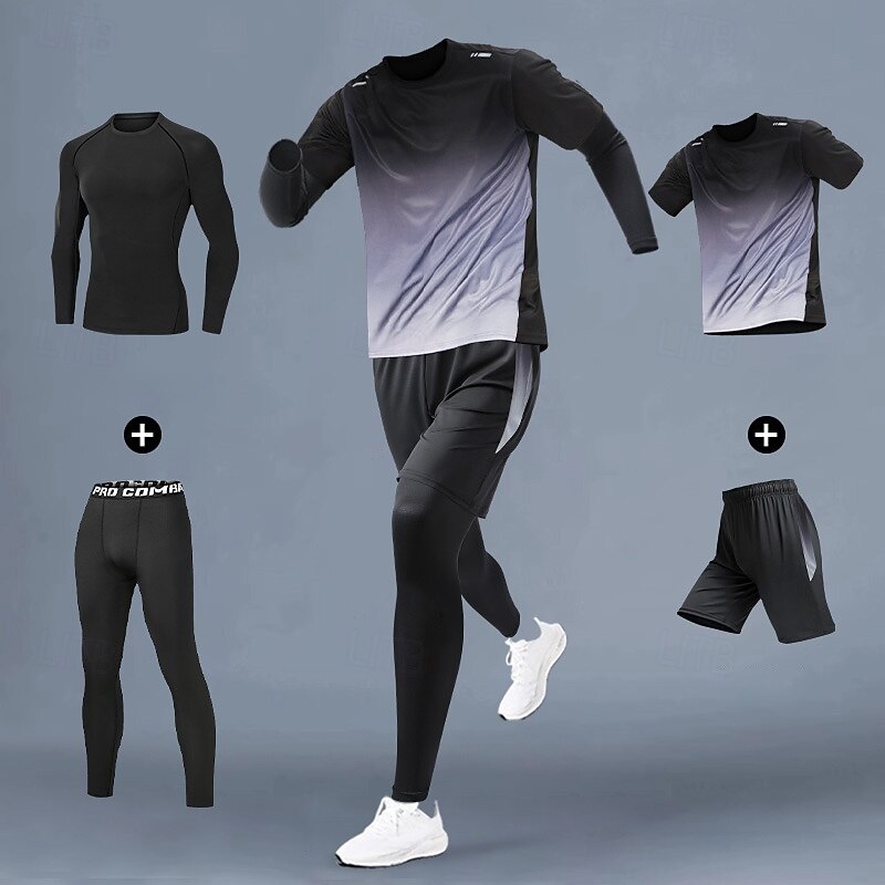 Men's Workout Suits 4 Piece Sports Set Color Gradient Clothing Suit Summer Red Blue Basketball Running Yoga High Waist Quick Dry Long Sleeve Sport Activewear Micro-elastic Regular Fit3
