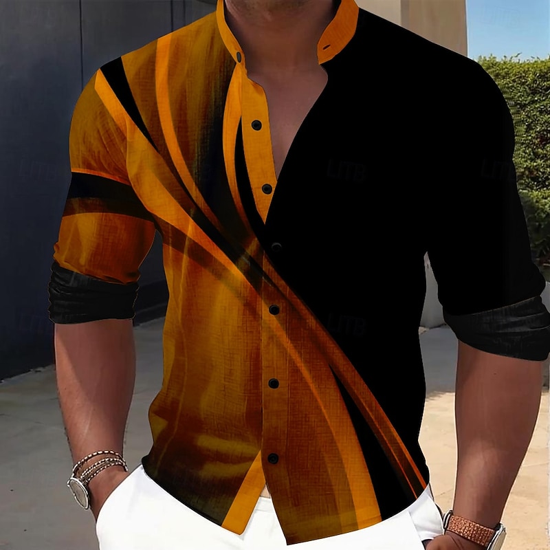 Men's Geometric Gradient Line Shirt Button Up Shirt Stand Collar Shirt Long Sleeve Casual Outdoor Vacation Daily Spring Fall Mandarin Collar Band Collar 3D Print Linen Like Shirt Black Green Blue3