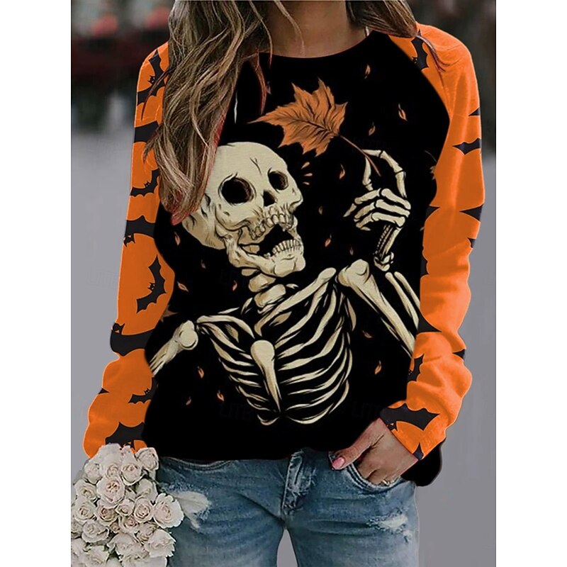 Halloween Women's Pullover Sweatshirt Skulls Graphic Fashion Casual Long Sleeve Crew Neck Regular Tops Street Dailywear Casual Print Blue Purple Orange Green Fall Winter