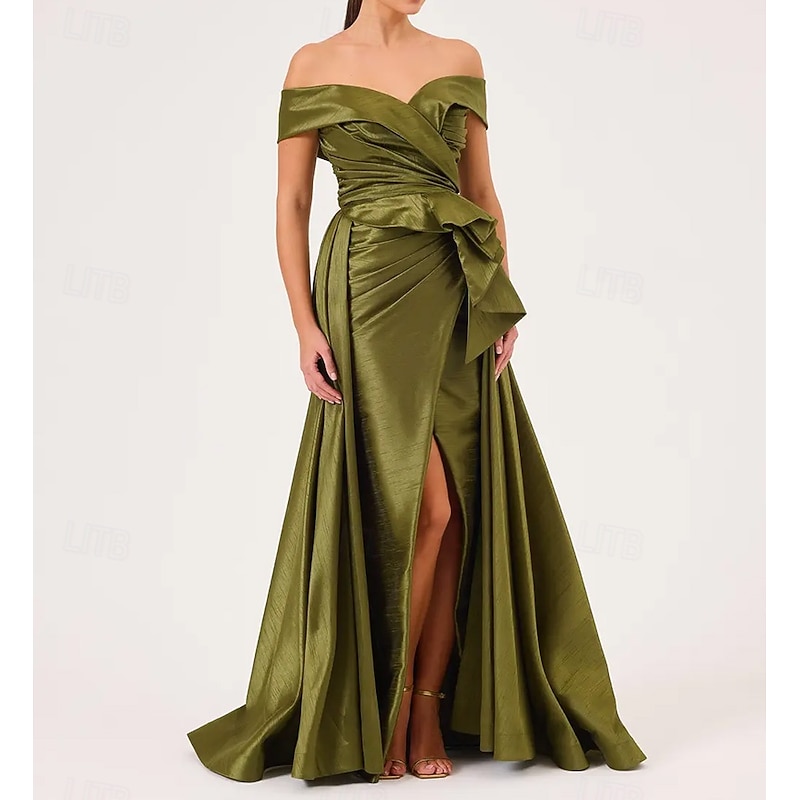 Off Shoulder Formal A-Line Evening Gown Stretch Tafetta Celebrity Style Dress Formal Wedding Floor Length Sleeveless  with Pleats Ruched Ruffles Slits
