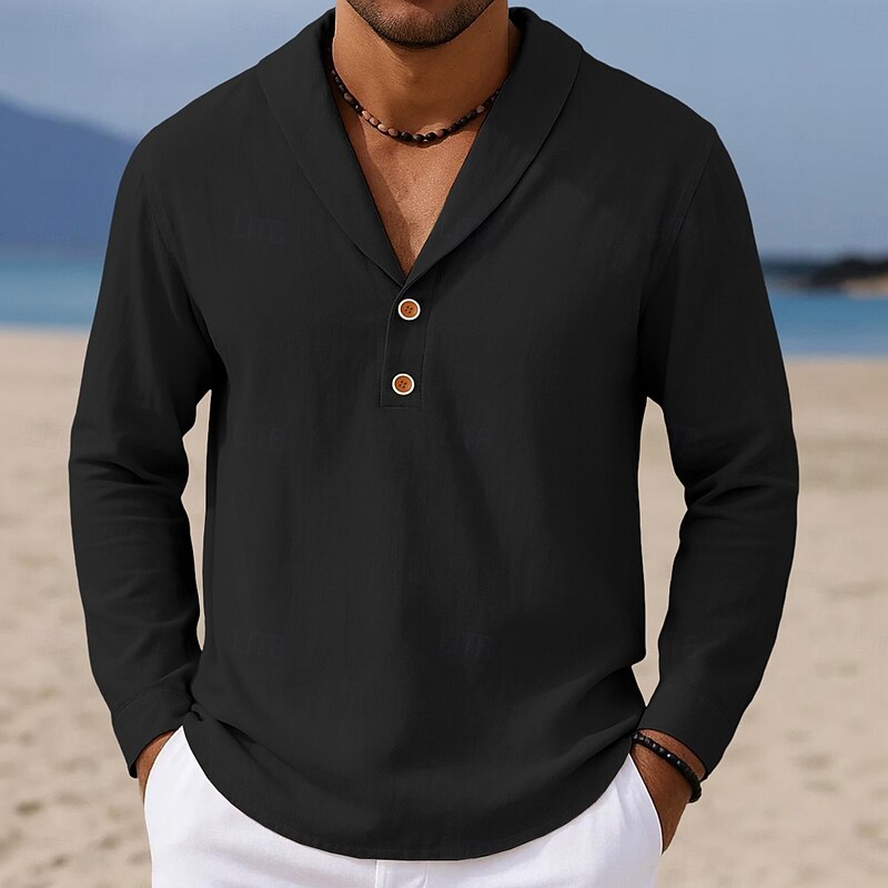 Men's Shirt Linen Shirt Popover Shirt Summer Shirt Beach Wear Solid Color Vacation Street Black Blue Khaki Long Sleeve Collar Fall Spring & Summer Clothing Apparel Plain3