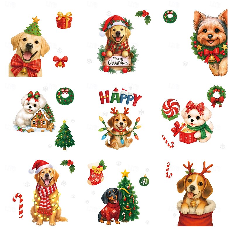 9 Sheets Christmas Window Cling Wall Sticker Decals Decorations, Gift Boxes, Candy, Wreaths & Dogs, Static Cling, Storefront & Home Glass Decor4