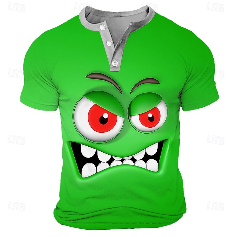 Men's Cartoon Human face T Shirt Henley Shirt Short Sleeve Designer Retro Vintage Casual Street Casual Daily Summer Spring Yellow Green Blue Henley Henley T-Shirt3