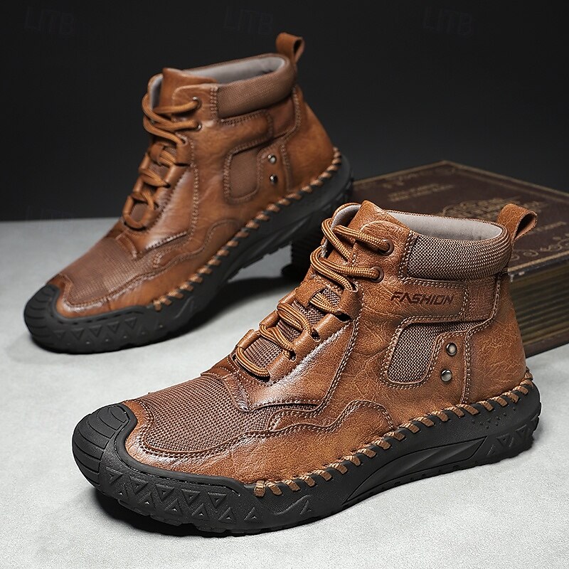 Men's Brown Faux Leather  High-Top Casual Boots with Non-Slip Rubber Sole – Durable Outdoor Walking Shoes for Hiking, Travel and Daily Wear4