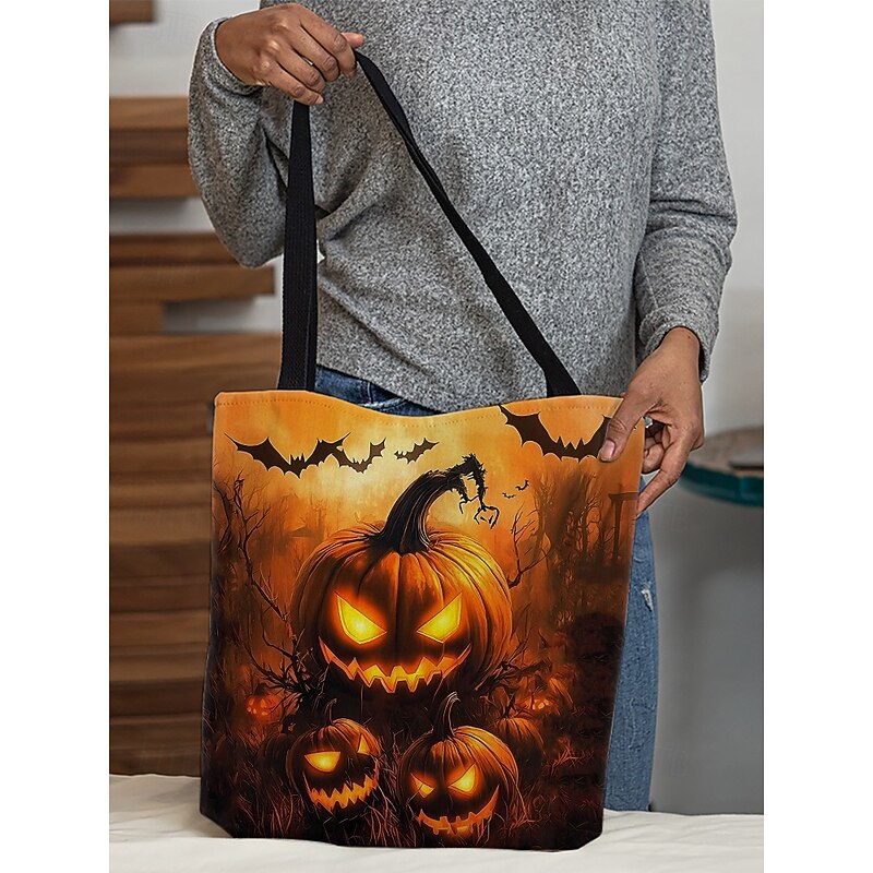 Women's Halloween Pumpkin Print Tote Bag – Large Capacity Polyester Shoulder Bag with Zipper Pocket, Spooky Gothic Style Handbag for Daily Use, Shopping and Holiday Parties3