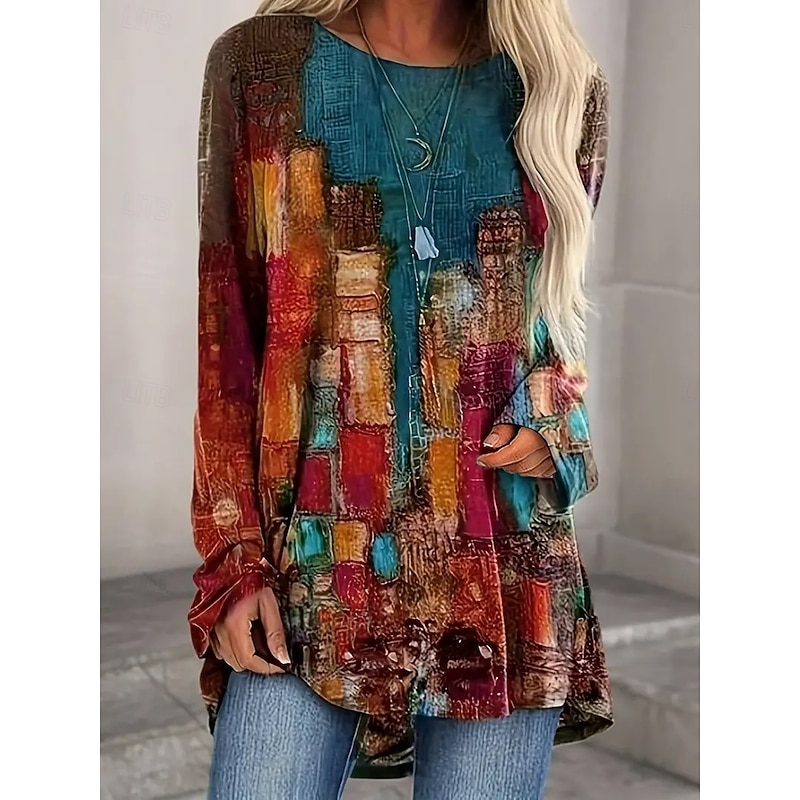Women's T Shirt Graphic Geometric Vintage Stylish Classic Long Sleeve Crew Neck Round Neck Long Tops Daily Print Red Purple Spring Fall