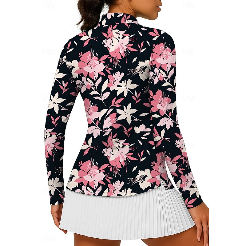 Women's Floral Tops Golf Polo Shirt Tennis Shirt Tennis Tee Long Sleeve Floral Print Quarter Zip UV Protection Elastic Breathable Volleyball Tennis Golf Stand Collar Zip Collar Shirt Polo Pink Tennis2