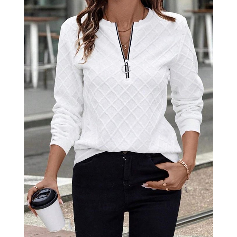 Women's Texture Sweatshirt Sweatshirts Zip Up Sweatshirts Plain Streetwear Casual Comfy Long Sleeve High Neck Regular Tops Street Holiday Going out Half Zipper Quarter Zipper Quarter Zip White Spring
