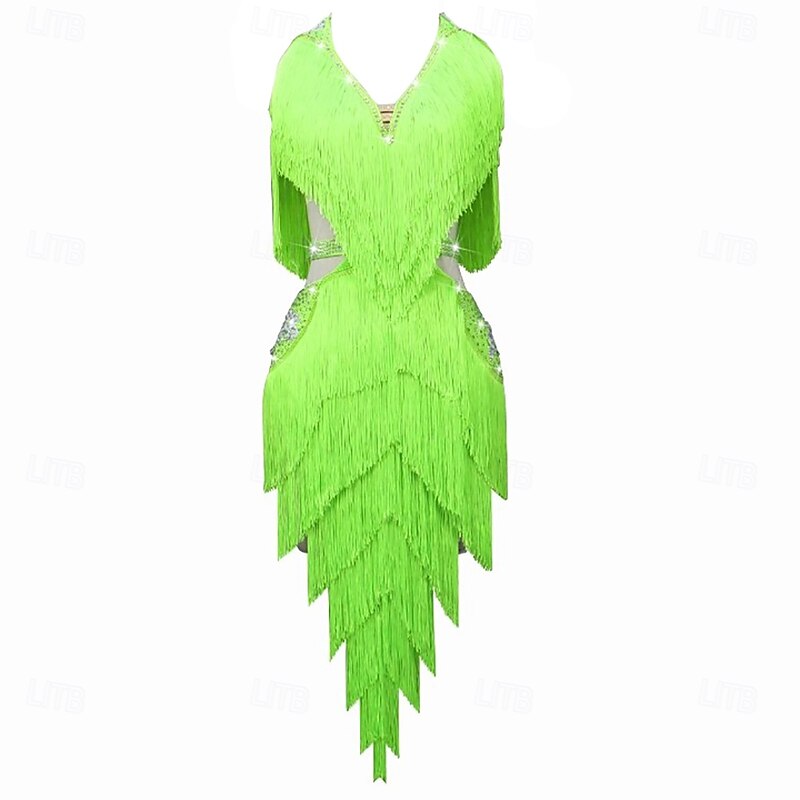 Latin Dance Dress for Women Rhinestone Tassel Salsa Dance Clothes Performance Sleeveless Rumba Chacha Dancewear Costumes3