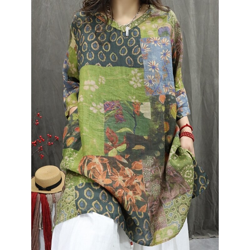 Women's Cotton Linen Shirts Floral Graphic Bohemia Stylish Basic 3/4 Length Sleeve V Neck Regular Tops Daily Print Red Green Summer Spring3