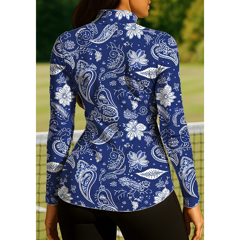 Women's Boho Tops Golf Polo Shirt Tennis Shirt Long Sleeve Print Quarter Zip Pullover UV Protection Elastic Breathable Tennis Golf Pickleball Zip Collar Shirt Polo Blue and White Tennis Clothing2