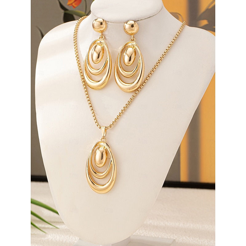 Women's Gold-Tone Statement Necklace and Earrings Set with Layered Oval Design, Elegant Jewelry for Parties and Special Occasions