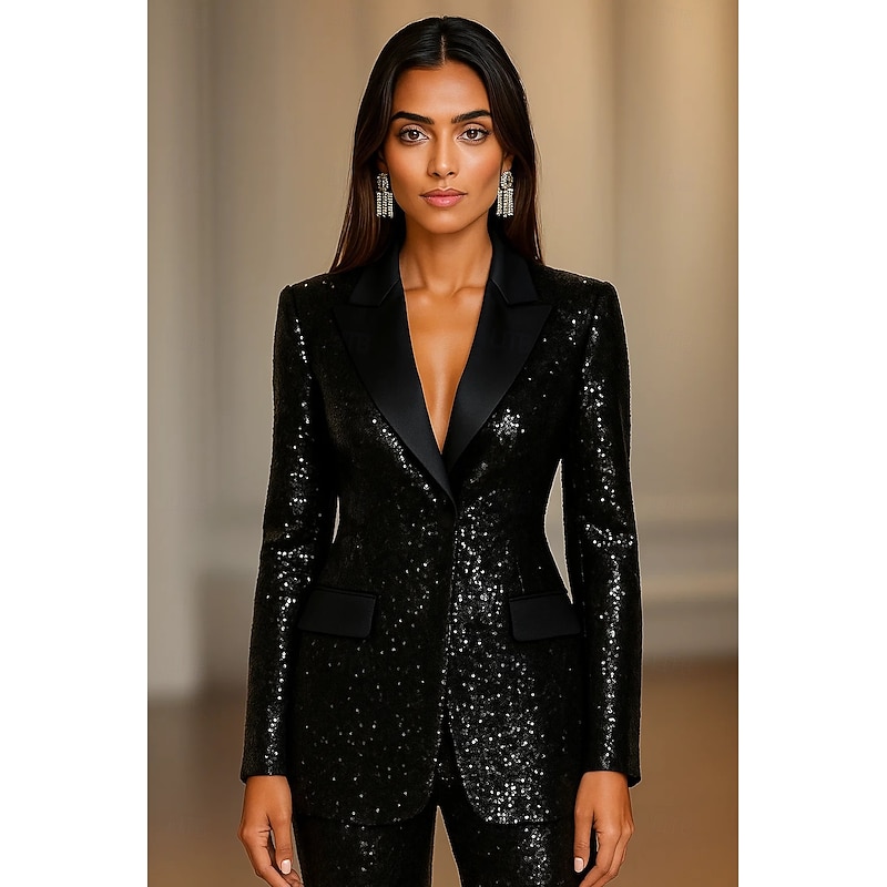 Women's Blazer Sport Coat Formal Wedding Guest Vintage Sequin Elegant Long Sleeve Peak Lapel Single Breasted - Main Image