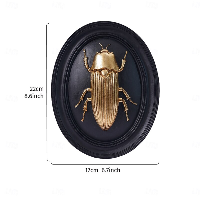 Golden Beetle Wall Decor, Black Oval Frame Insect Ornament, Handmade ABS Resin Sculpture, Collectible for Insect Enthusiasts, Ideal for Bug Museum, Themed Party, and Home Wall Decoration3